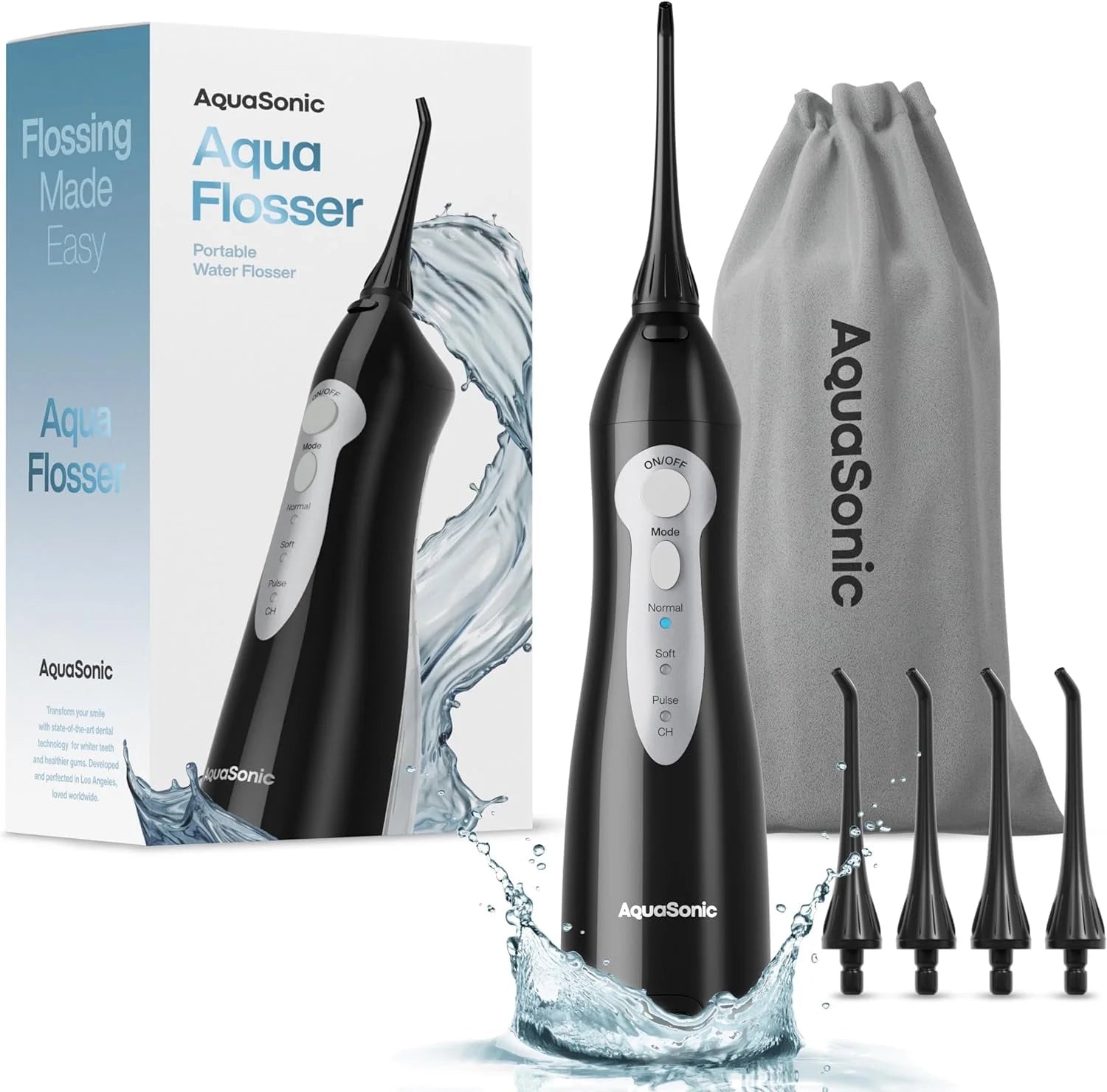 Lightweight Cordless Water Flosser Set, Rechargeable Portable Oral Irrigator, Dental Teeth Cleaner 4 Tips, 3 Modes, Waterproof - Black